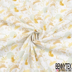 Coton imprimé esprit toile de jouy fond or pépite