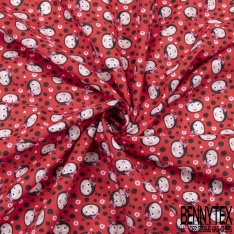Coton imprimé esprit tête de coccinelle rigolote petit pois noir fond rouge