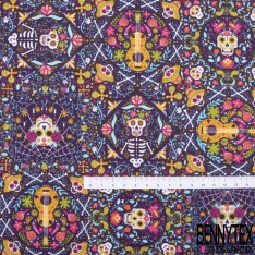Coton imprimé esprit El Día de los muertos multicolore fond ronce-framboise