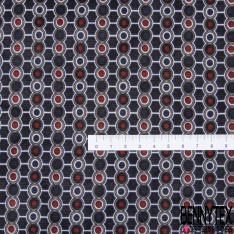 Coupon 3m maille cristal lisse motif géométrique rond et alvéole ton noir marine rouge blanc