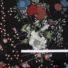 Microfibre Imprimé bouquet floral champêtre sauvage multicolore fond noir