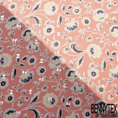 Mousseline voile polyester simple base motif floral cachemire fond corail fluo lurex argent
