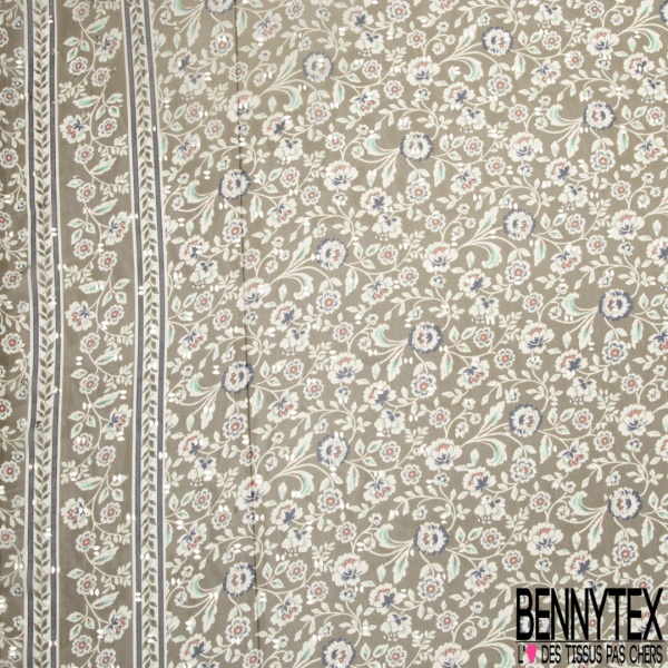 Mousseline voile polyester simple base motif floral cachemire fond corail fluo lurex argent