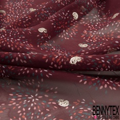 Mousseline voile polyester simple base motif floral cachemire fond olive foncé lurex argent