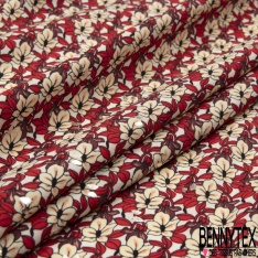 Microfibre Imprimé multitude petite fleur crème feuille rouge rococo fond blanc discret mylar argent