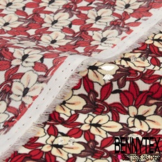 Microfibre Imprimé multitude petite fleur crème feuille rouge rococo fond blanc discret mylar argent