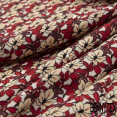 Microfibre Imprimé multitude petite fleur crème feuille rouge rococo fond blanc discret mylar argent