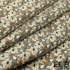 Microfibre Imprimé multitude petite fleur crème feuille gris cadet fond blanc discret mylar argent