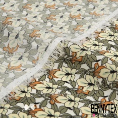 Microfibre Imprimé multitude petite fleur crème feuille gris cadet fond blanc discret mylar argent