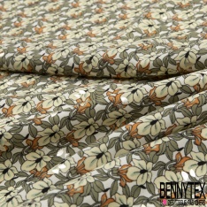 Microfibre Imprimé multitude petite fleur crème feuille gris cadet fond blanc discret mylar argent