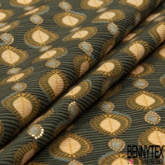 Microfibre Imprimé petite feuille striée ethnique fond striée orchidée nectar d'abricot mylar or