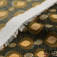 Microfibre Imprimé petite feuille striée ethnique fond striée orchidée nectar d'abricot mylar or