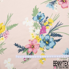 Satin polyester léger imprimé bouquet floral tropical fond bleu pastel