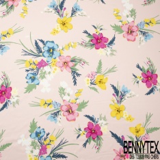 Satin polyester léger imprimé bouquet floral tropical fond bleu pastel