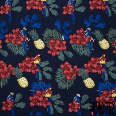 Microfibre Imprimé tropical perroquet fleur de tiaré ananas fond bleu insigne