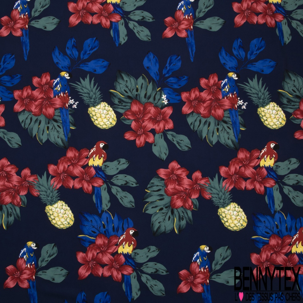 Microfibre Imprimé tropical perroquet fleur de tiaré ananas fond bleu  insigne | Bennytex vente de tissus pas cher au mètre