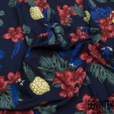 Microfibre Imprimé tropical perroquet fleur de tiaré ananas fond bleu insigne