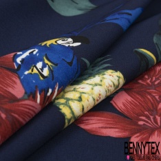 Microfibre Imprimé tropical perroquet fleur de tiaré ananas fond bleu insigne