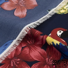 Microfibre Imprimé tropical perroquet fleur de tiaré ananas fond bleu insigne