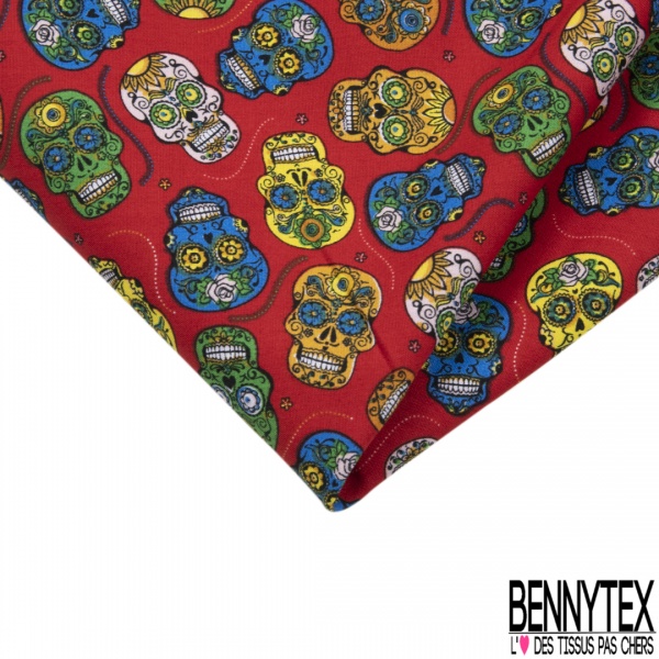Coupon 3m coton imprimé tête de mort calaveras multicolore fond cyanus