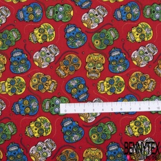 Coupon 3m coton imprimé tête de mort calaveras multicolore fond cyanus