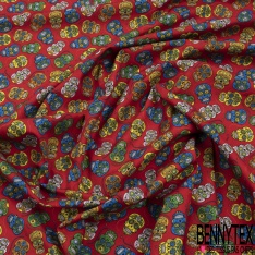 Coupon 3m coton imprimé tête de mort calaveras multicolore fond cyanus