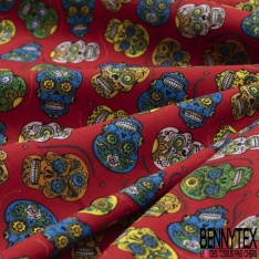 Coupon 3m coton imprimé tête de mort calaveras multicolore fond cyanus