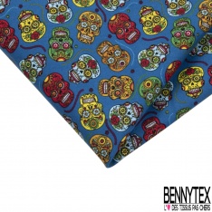 Coupon 3m coton imprimé tête de mort calaveras multicolore fond rouge de mars