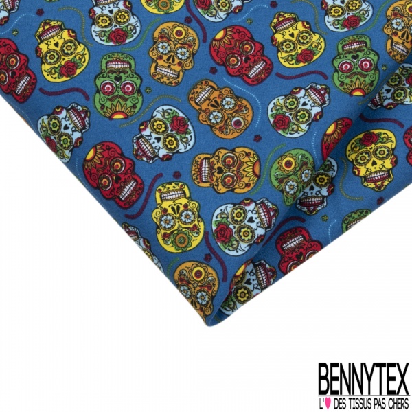 Coupon 3m coton imprimé tête de mort calaveras multicolore fond rouge de mars