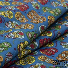 Coupon 3m coton imprimé tête de mort calaveras multicolore fond rouge de mars