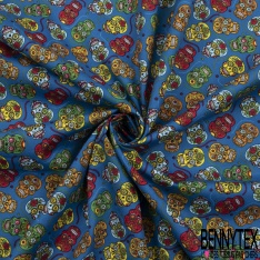 Coupon 3m coton imprimé tête de mort calaveras multicolore fond rouge de mars