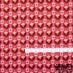 Coupon 3m coton imprimé petite fleur dans cercle pointillé fond coquelicot