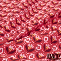 Coupon 3m coton imprimé petite fleur dans cercle pointillé fond coquelicot