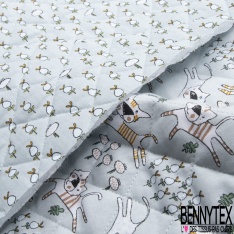 Coton Matelassé imprimé recto petits chats de gouttière tout fou fond brumeux verso plante naïve fond brumeux