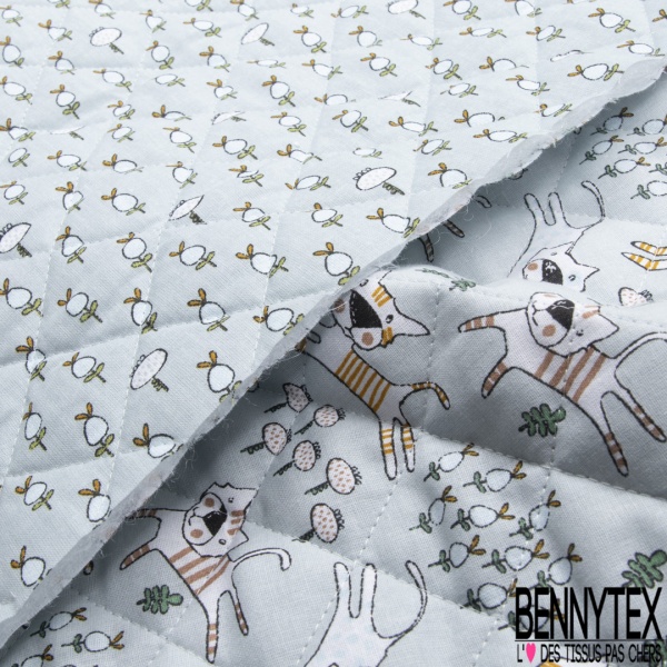 Coton Matelassé imprimé recto petits chats de gouttière tout fou fond brumeux verso plante naïve fond brumeux