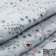Coton Matelassé imprimé recto petits chats de gouttière tout fou fond brumeux verso plante naïve fond brumeux