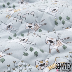 Coton Matelassé imprimé recto petits chats de gouttière tout fou fond brumeux verso plante naïve fond brumeux
