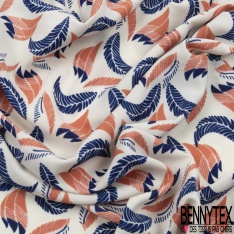 Microfibre Imprimé grande plume virevoltante bleu pur argile de canon fond blanc discret