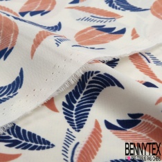Microfibre Imprimé grande plume virevoltante bleu pur argile de canon fond blanc discret