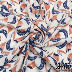 Microfibre Imprimé grande plume virevoltante bleu pur argile de canon fond blanc discret