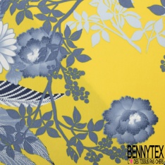 Microfibre imprimé grand bouquet floral japonisant aquarelle bleu de Chine blanc fond bouton d'or