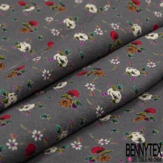Jersey viscose imprimé petites roses et marguerites fond gris d'acier