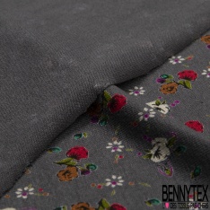 Jersey viscose imprimé petites roses et marguerites fond gris d'acier