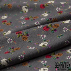 Jersey viscose imprimé petites roses et marguerites fond gris d'acier