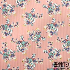 Microfibre imprimé floral pastel fond rayure verticale corail blanc