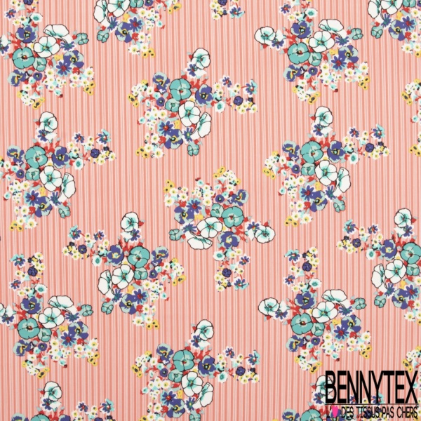 Microfibre imprimé floral pastel fond rayure verticale corail blanc