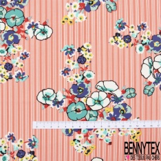 Microfibre imprimé floral pastel fond rayure verticale corail blanc