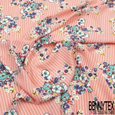 Microfibre imprimé floral pastel fond rayure verticale corail blanc