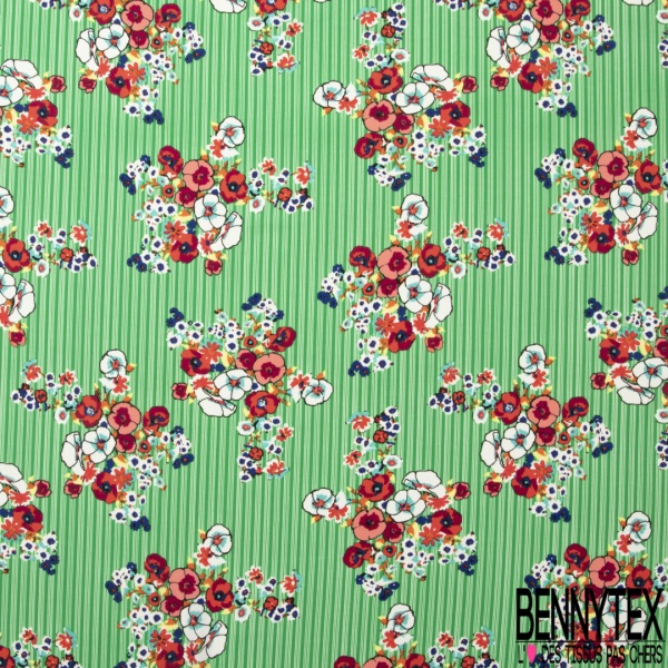 Microfibre imprimé floral pastel fond rayure verticale corail blanc