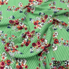 Microfibre imprimé floral pastel fond rayure verticale corail blanc